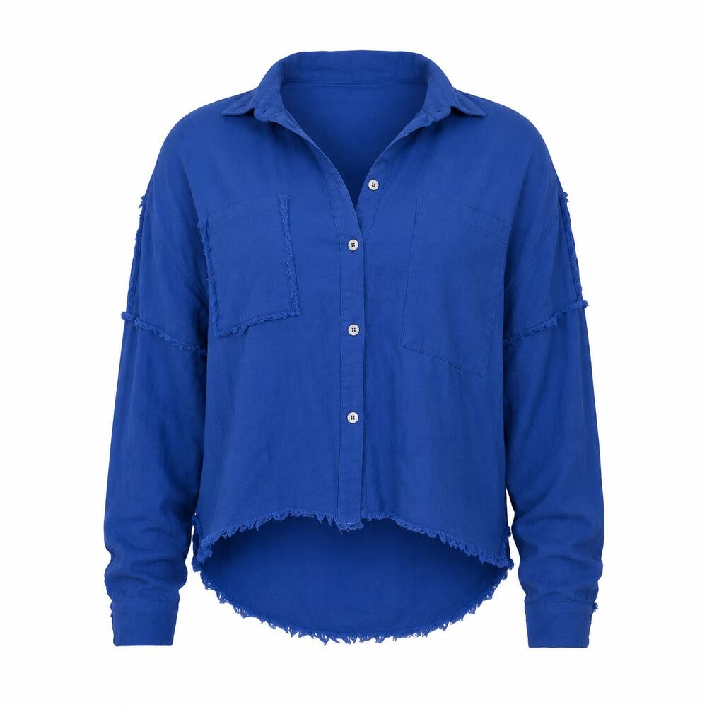 Aemi + Co Womens Raw Edge Button Up Shirt Blue Boho Top Small